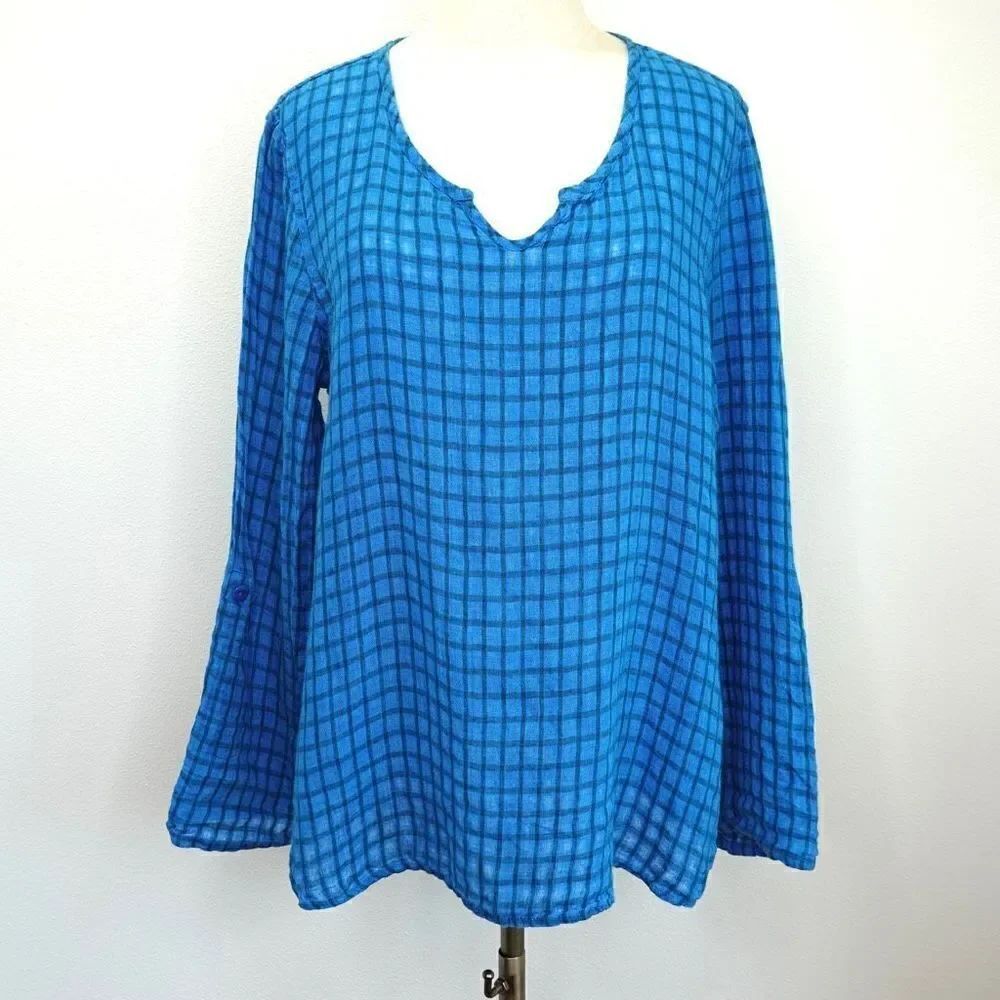 Flax Blue Linen Long Sleeve Lagenlook Check Top - S - Great Condition